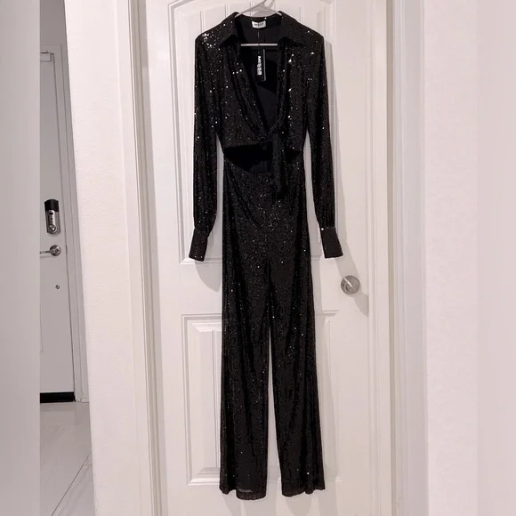 SOLD Black cut-out Cocktail & party sequin embellished tie front jumpsuit Size S - Picture 5 of 9